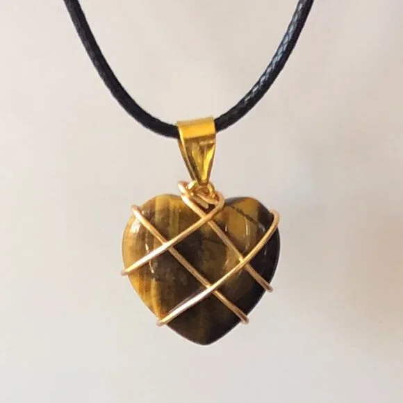 Tiger Eye Heart Natural Gemstone Gold Wire Winded Pendant Necklace - Picture 2 of 4
